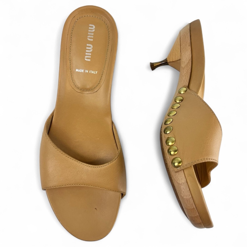 Vintage Miu Miu Camel Leather Slip-On Mule Sandals with Gold Studs